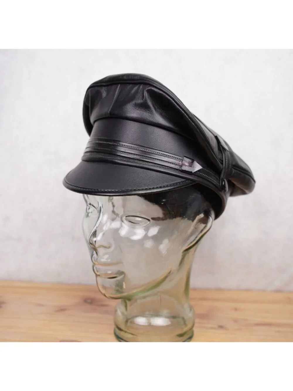 Vintage Genuine Leather Black Army Muir Biker Peakerd Police Cap Hat Union Made